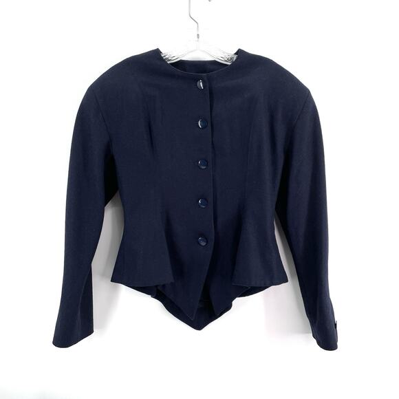 Vintage Avant garde Blazer Women 0 Navy Skirt Set Midi Slit Wool* Victorian Suit - Picture 1 of 16